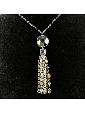Kohls Metal Necklace Long Dark Silver Tone Rhinestone & Chain Tassel